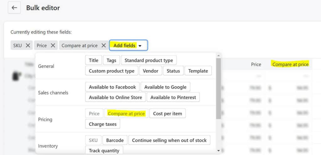 Shopify compare at price bulk editor