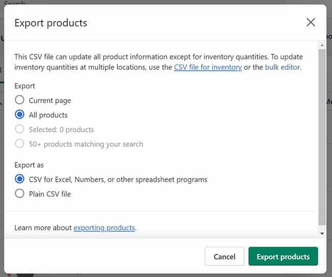 Shopify export products feature