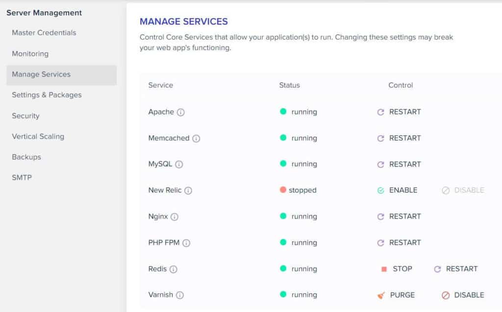 Cloudways manage services in the admin dashboard