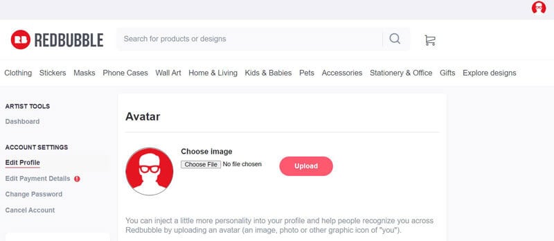 how to sell on redbubble: add an avatar and cover image