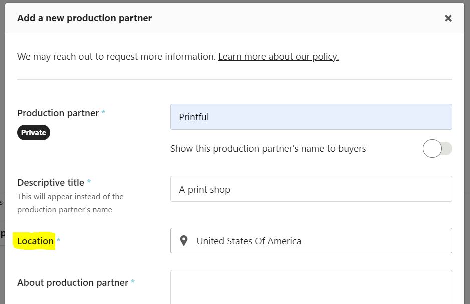 Printful location for Etsy: add your production partner location 