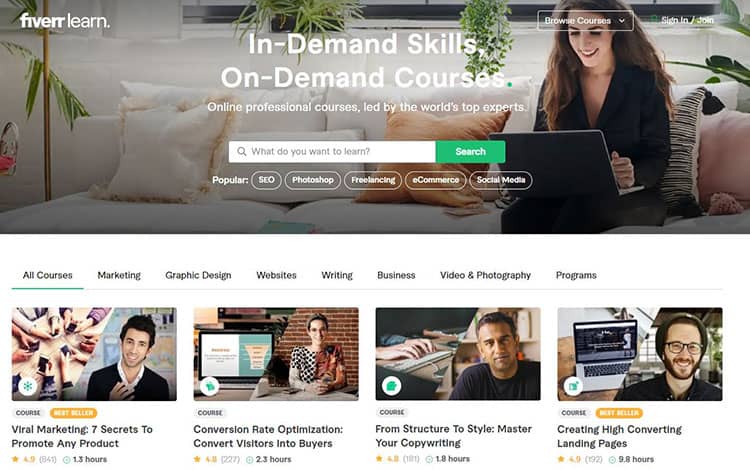 Fiverr learn uses Thinkific online course platform