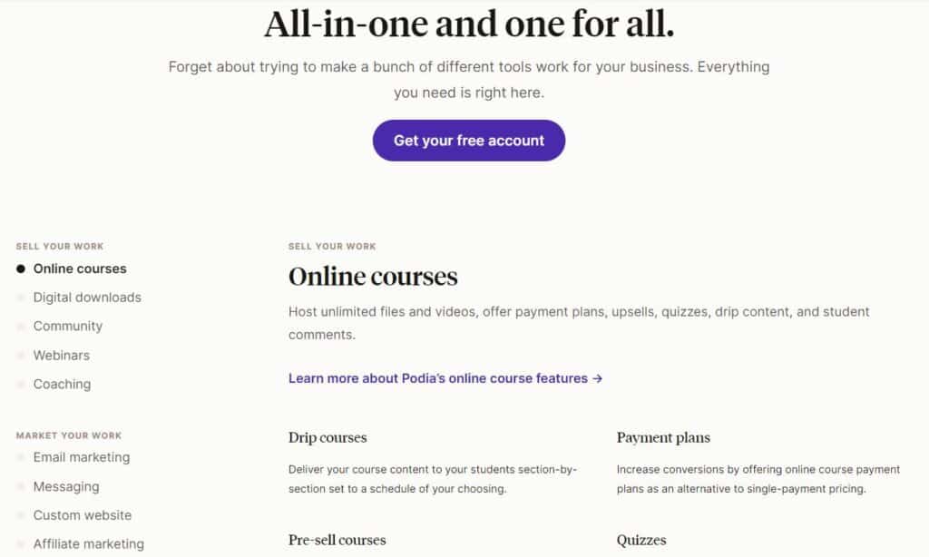 Podia online course platform features