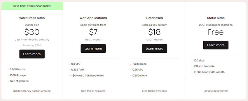Kinsta pricing overview: WordPress hosting, web applications and databases.