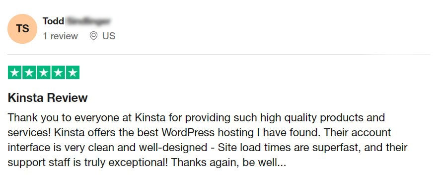 Kinsta review on Trustpilot